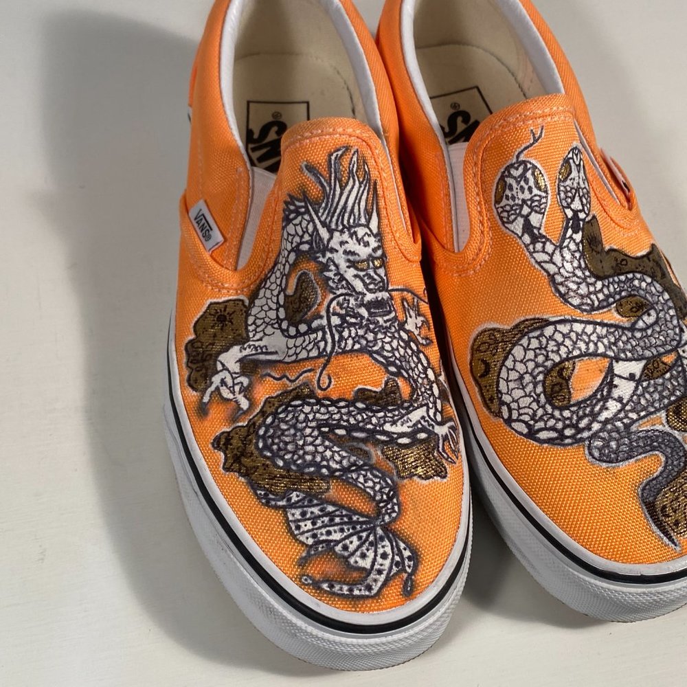 Vans Custom Painted Dragon Snake Orange Canvas Slip on Sneakers Women Size 7 - Picture 5 of 10